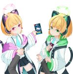  2girls akarui31 blonde_hair blue_archive blurry blurry_background cat_ear_headphones commentary_request couch green_eyes halo headphones highres jacket midori_(blue_archive) momoi_(blue_archive) multiple_girls necktie red_eyes school_uniform short_hair siblings twins 