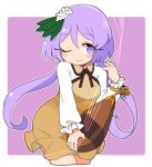  1girl biwa_lute blush border brown_dress chain closed_mouth cowboy_shot cropped_legs dress eyebrows_visible_through_hair flower hair_between_eyes hair_flower hair_ornament ini_(inunabe00) instrument long_hair long_sleeves low_twintails lute_(instrument) one_eye_closed purple_hair smile solo touhou tsukumo_benben twintails violet_eyes white_border white_flower 