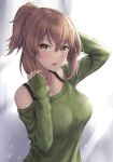  1girl adjusting_hair alternate_hairstyle black_bra blurry blurry_background blush bra bra_strap breasts collarbone gradient green_eyes green_sweater highres kantai_collection large_breasts long_sleeves looking_at_viewer monoku mutsu_(kancolle) off_shoulder open_mouth ponytail short_hair sleeves_past_wrists solo sweater underwear 