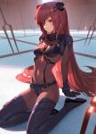  1girl adapted_costume bangs bodysuit breasts covered_navel fate/grand_order fate_(series) hair_between_eyes hairpods highres lance_of_longinus long_hair looking_at_viewer neon_genesis_evangelion plugsuit purple_bodysuit purple_hair red_eyes scathach_(fate) siino sitting small_breasts solo thighs wariza younger 