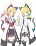  2girls blonde_hair blue_archive blurry blurry_background cat_ear_headphones commentary_request couch green_eyes halo headphones highres jacket midori_(blue_archive) momoi_(blue_archive) multiple_girls necktie nemu0507 red_eyes school_uniform short_hair siblings twins 