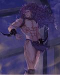  1boy arm_blade earrings highres horns jewelry jojo_no_kimyou_na_bouken kars_(jojo) loincloth long_hair male_focus manly muscular muscular_male purple_hair red_eyes revealing_clothes solo topless_male wavy_hair weapon yepnean 