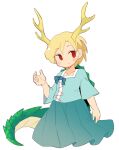 1girl antlers blonde_hair blue_shirt blush closed_mouth collarbone dragon_horns dragon_tail eyebrows_visible_through_hair green_skirt hair_between_eyes horns ini_(inunabe00) kicchou_yachie pleated_skirt red_eyes shirt short_hair short_sleeves simple_background skirt smile solo tail touhou turtle_shell upper_body white_background yellow_horns 