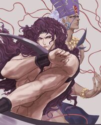  2boys arm_blade battle_tendency curly_hair earrings esidisi grey_hair headdress hoop_earrings horns jewelry jojo_no_kimyou_na_bouken kars_(jojo) long_hair multiple_boys tentacles topless_male wavy_hair weapon white_hair yepnean 