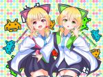  2girls blonde_hair blue_archive blurry blurry_background cat_ear_headphones commentary_request couch green_eyes halo headphones highres jacket midori_(blue_archive) momoi_(blue_archive) multiple_girls necktie red_eyes school_uniform short_hair siblings twins zay04207396 