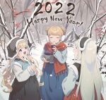  2022 3girls arhat_(destiny_child) aurora_(destiny_child) blue_eyes closed_eyes destiny_child double_bun earmuffs food hair_bun hanbok happy_new_year highres holding holding_food korean_clothes leaf long_hair maple_leaf multiple_girls new_year nirrti_(destiny_child) scarf snow sweet_potato very_long_hair wavy_hair winter wonchun 