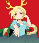  1girl antlers blonde_hair blue_shirt collarbone dragon_horns dragon_tail green_skirt horns ini_(inunabe00) kicchou_yachie parted_lips pleated_skirt red_background red_eyes shirt short_hair short_sleeves simple_background skirt solo tail touhou turtle_shell upper_body yellow_horns 