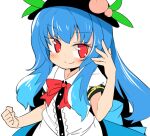  1girl black_headwear blue_hair blue_skirt blush bow bowtie buttons center_frills closed_mouth collared_shirt eyebrows_visible_through_hair food frills fruit hair_between_eyes hat hinanawi_tenshi ini_(inunabe00) long_hair peach puffy_short_sleeves puffy_sleeves red_bow red_bowtie red_eyes shirt short_sleeves simple_background skirt smile solo touhou upper_body white_background white_shirt 