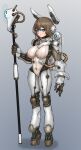  1girl absurdres blue_eyes breasts brown_hair closed_mouth commentary expressionless eyebrows_visible_through_hair full_body highres large_breasts looking_at_viewer mecha_musume original short_hair solo takefu_jiin 