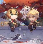  &gt;_&lt; 1girl 2boys aether_(genshin_impact) animal_on_lap autumn_leaves bangs black_footwear black_gloves blonde_hair cat cat_on_lap chibi closed_eyes closed_mouth commentary copyright_name dog earrings english_commentary fingerless_gloves floating flower food genshin_impact gloves green_eyes hair_between_eyes hair_ornament highres house jewelry knee_up light_smile long_hair long_sleeves low_ponytail mechanical_halo multiple_boys official_art open_mouth outdoors paimon_(genshin_impact) pants plate shiba_inu single_earring sitting stairs thoma_(genshin_impact) tree white_flower white_hair yellow_eyes 
