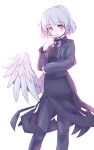  1girl adapted_costume black_dress black_jacket black_legwear blush dress eyebrows_visible_through_hair feathered_wings feet_out_of_frame jacket kishin_sagume long_sleeves one-hour_drawing_challenge open_clothes open_jacket pantyhose parted_lips rangycrow red_eyes short_hair simple_background single_wing solo touhou white_background white_hair white_wings wings 