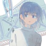  1girl blue_hair commentary_request eyebrows_visible_through_hair highres muji_(uimss) original parted_lips rock short_hair simple_background solo sweater turtleneck turtleneck_sweater upper_body violet_eyes white_background white_sweater 