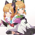  2girls blonde_hair blue_archive blurry blurry_background cat_ear_headphones commentary_request couch green_eyes halo headphones highres jacket jjeto midori_(blue_archive) momoi_(blue_archive) multiple_girls necktie red_eyes school_uniform short_hair siblings twins 