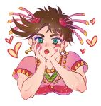  1boy battle_tendency blush breast_padding brown_hair crossdressing food fruit green_eyes hair_ornament hands_on_own_face heart jojo_no_kimyou_na_bouken joseph_joestar joseph_joestar_(tequila) lipstick makeup male_focus messy_hair shou_yinzi solo spiky_hair watermelon 