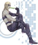  1boy blonde_hair domino_mask eating food gloves jojo_no_kimyou_na_bouken licking long_hair male_focus mask melone popsicle purple_gloves single_bare_shoulder sitting solo yepnean 