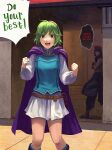  1boy 1girl black_scarf blue_shirt cape english_text fire_emblem fire_emblem:_the_blazing_blade green_eyes green_hair highres jaffar_(fire_emblem) leaning_back miniskirt nino_(fire_emblem) open_mouth pouch purple_cape redaster8 redhead scarf shirt shouting skirt speech_bubble talking tattoo 