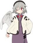  1girl adapted_costume black_headwear blush closed_mouth dress eyebrows_visible_through_hair feathered_wings grey_hair hair_between_eyes hand_in_pocket hat ini_(inunabe00) jacket kishin_sagume long_sleeves one_eye_closed purple_dress red_eyes short_hair simple_background single_wing solo touhou white_background white_jacket white_wings wings 