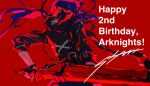  arknights black_jacket blue_hair ch&#039;en_(arknights) copyright_name from_behind happy_birthday highres holding holding_sword holding_weapon hood hood_down hooded_jacket jacket long_sleeves red_background signature simple_background solani sword sword_behind_back upper_body weapon 
