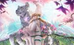  1girl animal bare_arms bare_shoulders blonde_hair character_request chinese_zodiac copyright_request dress feet fh_moya full_body hair_ornament highres no_shoes pantyhose puddle reflection reflective_water ripples sitting socks soles thigh-highs tiger toes white_legwear year_of_the_tiger 