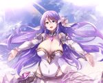  1girl :d armor armored_dress bare_shoulders blue_eyes breasts covered_navel cowboy_shot day ddolggol detached_sleeves floating_hair frills hair_between_eyes hair_ribbon hairband highres jewelry large_breasts long_hair looking_at_viewer outstretched_arms pendant princess_connect! purple_hair ribbon shizuru_(princess_connect!) smile solo spread_arms sunlight 
