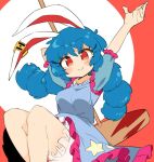  1girl ambiguous_red_liquid animal_ears bloomers blue_dress blue_hair blush blush_stickers closed_mouth crescent_print dress earclip eyebrows_visible_through_hair feet_out_of_frame frilled_dress frilled_sleeves frills hair_between_eyes ini_(inunabe00) kine long_hair mallet rabbit_ears red_eyes seiran_(touhou) short_sleeves smile solo star_(symbol) star_print touhou underwear white_bloomers 