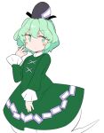  1girl black_headwear blush blush_stickers closed_mouth cross-laced_clothes dress eyebrows_visible_through_hair frilled_sleeves frills ghost_tail green_dress green_eyes green_hair hair_between_eyes hat ini_(inunabe00) long_sleeves ofuda ofuda_on_clothes short_hair simple_background soga_no_tojiko solo tate_eboshi touhou white_background 