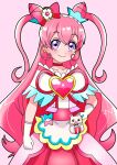  1girl :d blush choker commentary_request cure_precious delicious_party_precure dr808303 earrings eyelashes hair_ornament hair_ribbon happy highres jewelry kome-kome_(precure) long_hair magical_girl nagomi_yui pink_choker pink_hair pink_theme precure purple_eyes ribbon simple_background sketch smile solo 