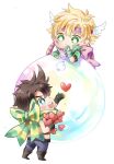  2boys battle_tendency blonde_hair boots bow brown_hair bubble bubble_blowing caesar_anthonio_zeppeli chibi facial_mark fingerless_gloves gloves green_eyes green_jacket green_scarf headband heart highres jacket jojo_no_kimyou_na_bouken joseph_joestar joseph_joestar_(young) male_focus midriff multiple_boys pink_scarf scarf scarf_bow sky_kiki winged_hair_ornament yellow_scarf 