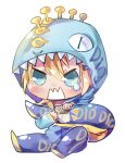  1boy animal_costume aqua_eyes bandaged_tail blonde_hair chibi cosplay diego_brando dinosaur_costume dinosaur_tail fangs green_eyes highres jojo_no_kimyou_na_bouken kigurumi male_focus sitting sky_kiki solo steel_ball_run tail tears 