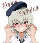  1girl anchovy_(girls_und_panzer) anzio_school_uniform bangs beret black_headwear black_necktie blush claw_pose commentary cursive dress_shirt english_text eyebrows_visible_through_hair girls_und_panzer glasses green_hair grin happy_birthday hat kayabakoro long_hair looking_at_viewer nail_polish necktie pink_nails portrait red-framed_eyewear red_eyes school_uniform semi-rimless_eyewear shirt simple_background smile solo under-rim_eyewear white_background wing_collar 