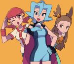  3girls ;d bangs black_cape blue_eyes brown_eyes brown_hair buttons cape clair_(pokemon) commentary_request dress eyebrows_visible_through_hair gloves hair_bobbles hair_ornament hairclip hand_up highres jacket jasmine_(pokemon) light_blue_hair long_hair looking_at_viewer multiple_girls one_eye_closed open_mouth orange_background pink_eyes pink_hair pokemon pokemon_(game) pokemon_hgss ponytail short_sleeves simple_background smile tied_hair tongue twintails two_side_up tyako_089 white_jacket whitney_(pokemon) 