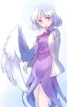  1girl blush dress eyebrows_visible_through_hair feathered_wings feet_out_of_frame jacket kishin_sagume long_sleeves one-hour_drawing_challenge open_clothes open_jacket purple_dress rangycrow red_eyes short_hair single_wing solo touhou white_hair white_jacket white_wings wings 