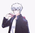  1boy bag bangs black_eyes black_jacket buttons chinese_commentary collarbone commentary_request eyebrows_visible_through_hair gintama godzillapigeon1 hair_between_eyes hand_up holding holding_bag jacket long_sleeves male_focus open_clothes open_jacket parted_lips sakata_gintoki shirt short_hair sidelocks simple_background solo teeth upper_body white_background white_hair white_shirt 
