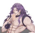  1boy battle_tendency bracer circlet drinking earrings eyeshadow horns iced_coffee jewelry jojo_no_kimyou_na_bouken kars_(jojo) long_hair makeup male_focus muscular muscular_male red_eyes sitting solo topless_male wavy_hair yepnean 