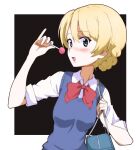 1girl alternate_costume bag bangs black_background blonde_hair blue_eyes blue_sweater blue_vest blush border bow bowtie braid candy carrying collared_shirt commentary darjeeling_(girls_und_panzer) eyebrows_visible_through_hair food girls_und_panzer hair_between_eyes holding holding_candy holding_food holding_lollipop kayabakoro lips lollipop looking_at_viewer open_mouth outside_border red_bow red_bowtie school_bag school_uniform shirt short_hair sleeves_rolled_up smile solo sweater sweater_vest textless tied_hair upper_body vest white_border white_shirt 