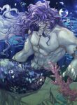  1boy armlet battle_tendency bubble coral hair_over_eyes horns jewelry jojo_no_kimyou_na_bouken kars_(jojo) long_hair male_focus merman monster_boy muscular muscular_male neck_ring necklace solo topless_male underwater wavy_hair yepnean 