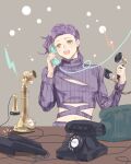  1boy candlestick_phone cleavage_cutout clothing_cutout freckles holding holding_phone jojo_no_kimyou_na_bouken long_hair male_focus phone purple_hair rotary_phone solo sweater table vento_aureo vinegar_doppio yellow_eyes yepnean 