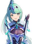  1girl bangs breasts chest_jewel earrings gem gloves greek_text green_eyes green_hair headpiece highres jewelry karuushi large_breasts long_hair pneuma_(xenoblade) ponytail simple_background solo swept_bangs tiara very_long_hair white_background xenoblade_chronicles_(series) xenoblade_chronicles_2 