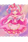  1girl :d aizen_(pixiv10336702) blush choker commentary_request cure_precious delicious_party_precure earrings eyelashes hair_ornament hair_ribbon happy highres jewelry long_hair magical_girl nagomi_yui open_mouth pink_choker pink_hair pink_theme precure purple_eyes ribbon simple_background sketch smile solo 
