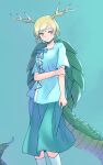  1girl antlers aqua_background blonde_hair blue_shirt blush closed_mouth dragon_horns dragon_tail eyebrows_visible_through_hair green_skirt horns kicchou_yachie one-hour_drawing_challenge pleated_skirt rangycrow red_eyes shirt short_hair short_sleeves simple_background skirt smile solo tail touhou turtle_shell white_legwear yellow_horns 