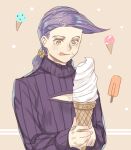 1boy :q cleavage_cutout clothing_cutout food food_on_face freckles ice_cream ice_cream_cone jojo_no_kimyou_na_bouken licking_lips long_hair male_focus ponytail purple_hair solo sweater tongue tongue_out vento_aureo vinegar_doppio yellow_eyes yepnean 