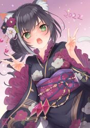  1girl 2022 animal_ear_fluff animal_ears black_flower black_hair black_kimono braid cat_ears cat_girl cat_tail commentary_request double_v floral_print flower frilled_sleeves frills green_eyes grey_hair hair_bun hair_flower hair_ornament hands_up japanese_clothes karyl_(princess_connect!) kimono long_sleeves multicolored_hair obi open_mouth princess_connect! print_kimono purple_flower sanom sash solo streaked_hair tail tail_raised v white_flower wide_sleeves 