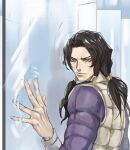  1boy black_hair illuso jojo_no_kimyou_na_bouken male_focus mirror padded_coat padded_shirt padded_vest red_eyes solo split_ponytail twintails vento_aureo vest yepnean 