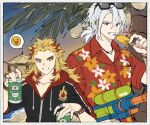  2boys alternate_costume bangs beach blonde_hair bracelet can ear_piercing earclip emoji eyewear_on_head food grin hair_between_eyes hawaiian_shirt highres holding hood hood_down hooded_jacket jacket jewelry kimetsu_no_yaiba long_hair male_focus multicolored_hair multiple_boys outdoors papajay_(jennygin2) piercing ponytail popsicle redhead rengoku_kyoujurou ring shirt smile sunglasses symbol-only_commentary thick_eyebrows uzui_tengen water water_gun 