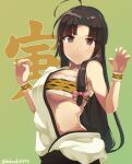  1girl ahoge animal_print bandeau breasts brown_eyes brown_hair green_background hadanugi_dousa highres japanese_clothes kantai_collection kimono long_hair low-tied_long_hair medium_breasts open_clothes open_kimono print_bandeau shouhou_(kancolle) solo takashi_(nougyou) tiger_print upper_body 