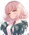  1girl arata_(xin) bangs black_shirt blunt_bangs blush collared_shirt danganronpa_(series) danganronpa_2:_goodbye_despair dress_shirt eyebrows_visible_through_hair galaga green_jacket hair_ornament hand_up highres hood hood_down jacket looking_at_viewer medium_hair nanami_chiaki neck_ribbon open_clothes open_jacket pink_ribbon ribbon shirt sleeves_past_fingers sleeves_past_wrists smile solo upper_body white_shirt 