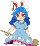  1girl animal_ears blue_dress blue_hair blush closed_mouth cowboy_shot crescent_print cropped_legs dress earclip eyebrows_visible_through_hair frilled_dress frills hair_between_eyes ini_(inunabe00) kine long_hair mallet rabbit_ears red_eyes seiran_(touhou) short_sleeves simple_background smile solo star_(symbol) star_print touhou white_background 