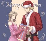  1boy 1girl blonde_hair blue_eyes bridal_gauntlets christmas detached_sleeves dress gift hat jojo_no_kimyou_na_bouken lucy_steel mountain_tim off-shoulder_dress off_shoulder pink_dress santa_costume santa_hat steel_ball_run yepnean 