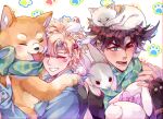  2boys animal_hug animal_on_head battle_tendency bird blonde_hair blue_eyes blue_jacket blush brown_hair caesar_anthonio_zeppeli cat dog facial_mark feather_hair_ornament feathers fingerless_gloves gloves green_eyes green_scarf hair_ornament headband highres jacket jojo_no_kimyou_na_bouken joseph_joestar joseph_joestar_(young) male_focus multiple_boys on_head one_eye_closed pink_scarf rabbit scarf shiba_inu sky_kiki striped striped_scarf surprised 