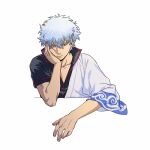  1boy bangs black_shirt blue_hair brown_eyes chinese_commentary closed_mouth collarbone commentary_request eyebrows_visible_through_hair gintama godzillapigeon1 half-closed_eyes hand_on_own_cheek hand_on_own_face hand_up head_rest highres japanese_clothes kimono long_sleeves looking_at_viewer male_focus off_shoulder ribbon-trimmed_sleeves ribbon_trim sakata_gintoki shirt short_hair simple_background sketch solo upper_body v-shaped_eyebrows white_background white_kimono wide_sleeves 